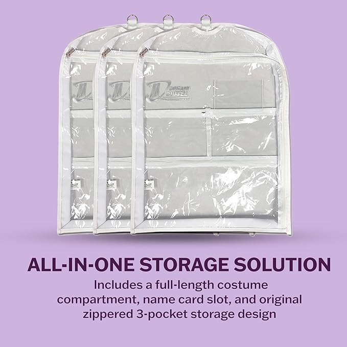 Clear Garment Bags for Dance Costumes 3-Pack, Gusseted, Regular-Size, Side Zipper Entry, Storage Pockets for Accessories, 37”x18”x3”, Dream Duffel
