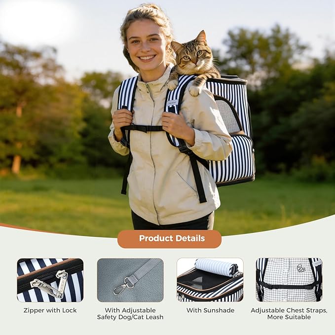 Lekereise Large Cat Backpack Expandable Pet Backpack Carrier for Small Medium Dogs Cats, Dog Carrier Backpack with Breathable Mesh and Inner Safety Leash, Striped