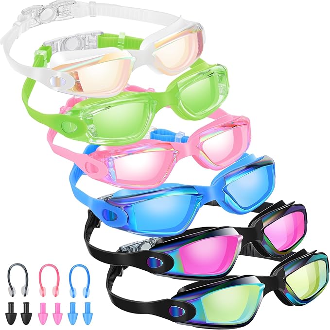 Flutesan 6 Pack Swim Goggles for Adult Anti Fog Swimming Glasses with Ear Plugs Nose Clip No Leaking Full Protection Goggles