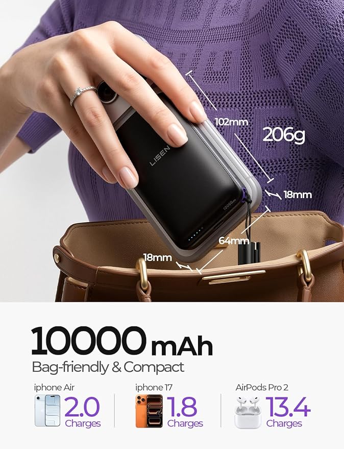 LISEN Qi2.2 25W for Magsafe Power Bank, 65W USB C Fast Charging, 10000mAh Magnetic Wireless Portable Charger with Detachable Cable, Small Battery Pack Compatible with iPhone 15/16/17 (Black)