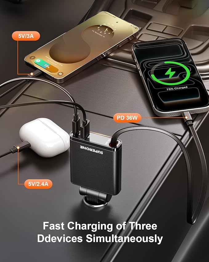 SUPERONE Car Charger USB C Fast Charge,Ultra-Slim Retractable Car Charger for Car Accessories for Women Men,Car Charger Adapter for iPhone 17 16 15 14 13 12,Samsung,iPad,Airpods