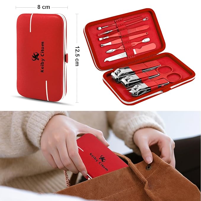 Manicure Set, Travel Mini Nail Clippers Kit Pedicure Care Tools, 10pcs Stainless Steel Grooming kit (Red)