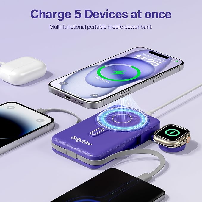 Magnetic Portable Charger Built-in Cables,10000mAh Fast Charging Wireless Charger Station External Battery Pack Slim Pocket Size Power Bank with Stand Compatible with iWatch, iPhone