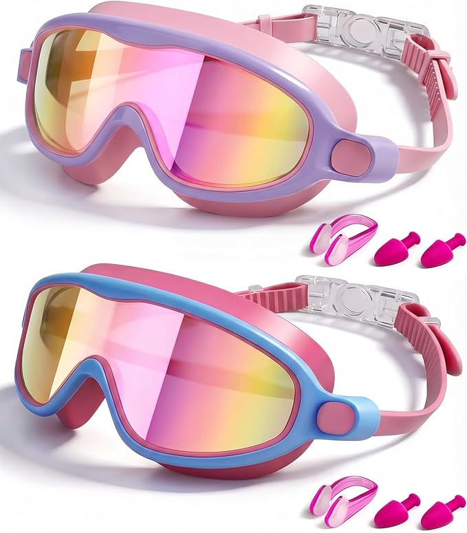 Swim Goggles 2 Pack, Wide View Anti Fog&UV Swimming Goggles for Audlt, No Leak Pool Beach Essentials for Men Women