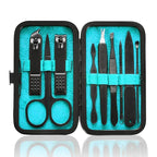 HANTEKAS Manicure Set 9 in 1 Stainless Steel, Nail Clippers Scissors Pedicure Tools Kit - Portable Travel Grooming Kit for Men and Women with Black/Blue Leather Case (Blue)