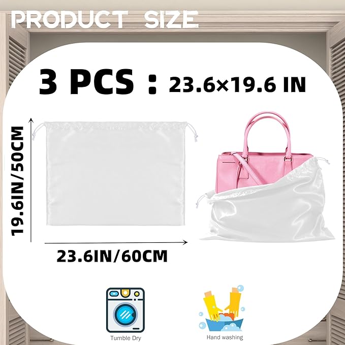 3 Pack Purse Dust Bags for Storage, Silk Dust Bags for Handbags, Dust Covers With Drawstring for Purse Shoes Boots