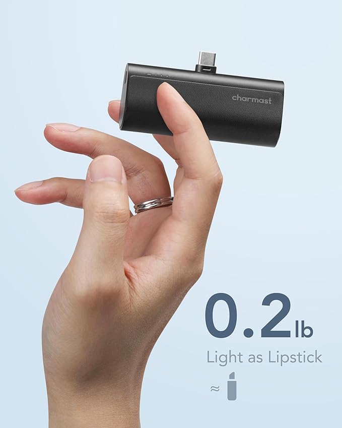 charmast Portable Charger USB C for iPhone 17/16/15, 5000mAh Fast Charging Power Bank with Built-in Type-C Connector, 20W Mini Battery Pack for iPhone 17/16/15 Series, Samsung S25/S24/S23, and More