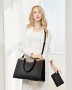 LOVEVOOK Laptop Tote Bag for Women, Leather Business Office Work Bag Computer Briefcase with Small Clutch fit for 15.6 Inch Laptop,Black-Khaki-Coffee