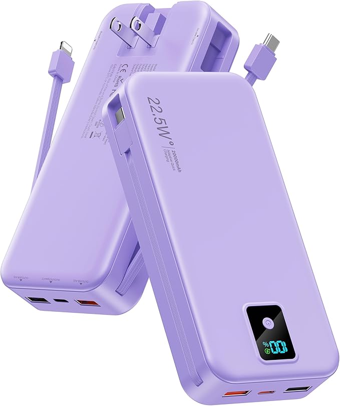 Portable Charger, 20000mAh 22.5W Fast Charging Power Bank with Built-in Cables & Wall Plug, Travel Essentials Battery Pack with LED Display, USB C External Battery Bank for iPhone iPad, Samsung Purple