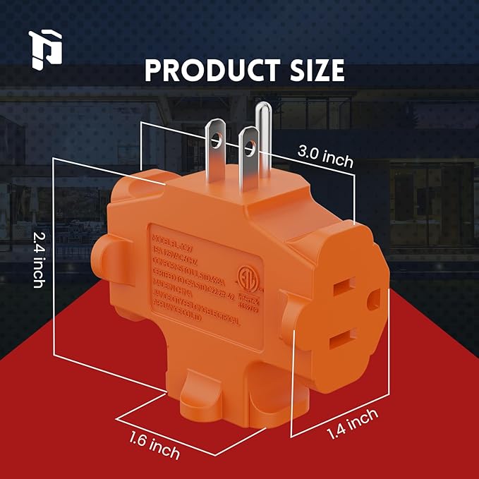 PLUGTUL 3 Way Plug Adapter, 3 Plug Wall Adapter, 3 Prong, Grounded, 15A, 1875W, Multiple Plug Expander for Home, Outdoor, ETL Listed, Orange, 3PACK