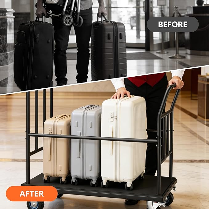 Luggage Cart,850LB Load Luggage Trolley with 5" Quiet Wheels & Secures Poles,Heavy-Duty Steel Hand Truck for Hotel Bellman,Airport,Commercial Use,Non-Slip Platform Dolly(42.51" x 25.19" x 34.25")