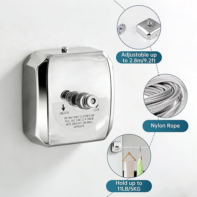 304 Stainless Steel Retractable Clothesline with Adjustable Rope String for Hanging Drying Shower Room(Sliver Square)