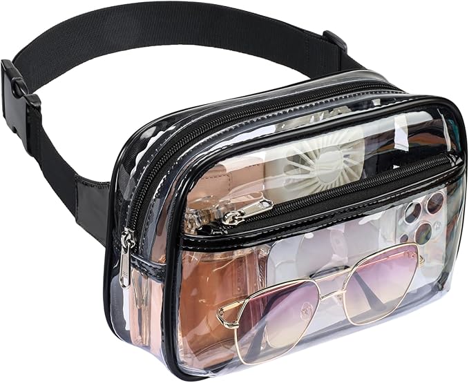 Packism Clear Fanny Pack Stadium Approved - Plus Size 35-51 inches Adjustable Strap Clear Belt Bag for Women Men Transparent Waist Bag for Concerts, Sporting Events, Black
