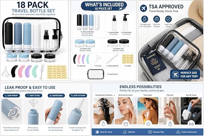18 Pack TSA Approved Travel Bottles for Toiletries – Leak Proof Silicone Refillable Containers Set with Toiletry Bag, Squeeze Bottles, Spray Bottles & Cream Jars for Shampoo, Conditioner & Lotion