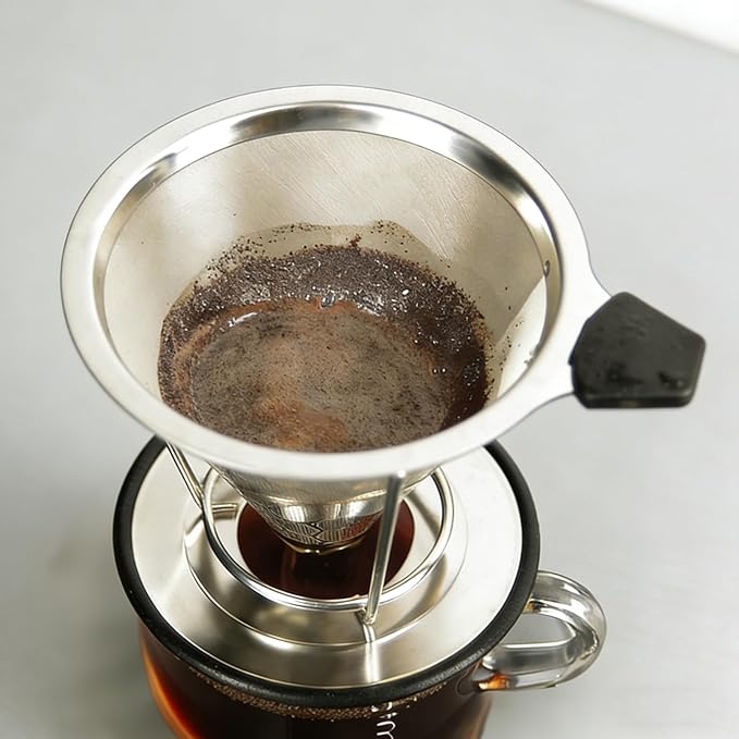 Pour Over Coffee Dripper - 304 Stainless Steel Filter, Paperless & Reusable Dual-Layer Metal Coffee Filter with Base, 800 Mesh Steel Cone Filter, for 1-6 Cups Brew Coffee Maker (Black)
