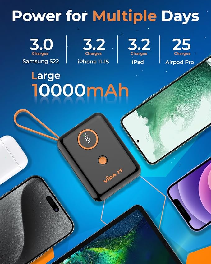 5V 2A Power Bank for Heated Jacket, Heated Vest Battery Pack 10000mAh Portable USB Charger, Power Pack for Heated Stadium Seat Chair, Mobile Phone Charger for iPhone Android with Built-In Cable Fast