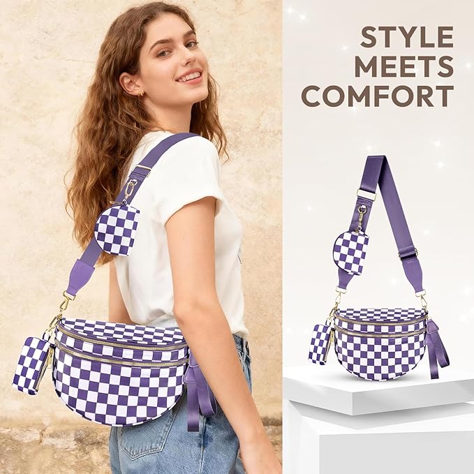Cross Body Bag for Women Checkered Crossbody Bags Bum Bags for Women Fanny Packs for Girls Small Nylon Checkered Purse Trendy Shoulder Bag (Checkered Purple, One Size)