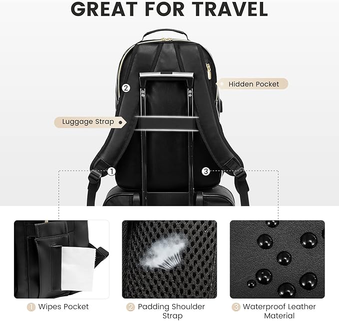 LOVEVOOK Laptop Backpack Purse for Women, Large Capacity Travel Computer Work Bag, Faux PU Leather Quilted Casual Nurse Backpack for Womens, Fit 15.6 Inch Laptop with USB Port, Black