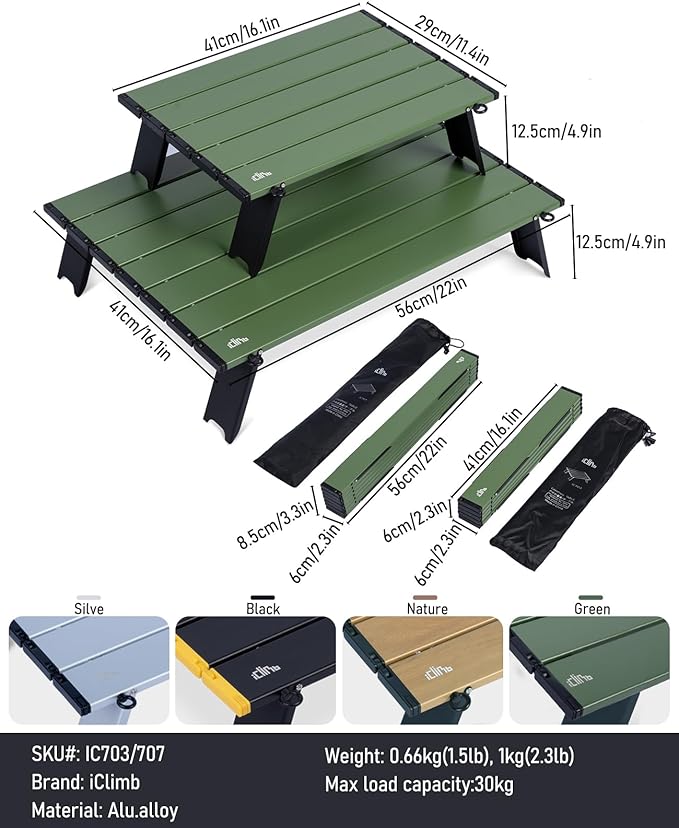 iClimb Ultralight Compact Mini Beach Picnic Folding Alu. Table with Carry Bag, Two Size (Green, L)