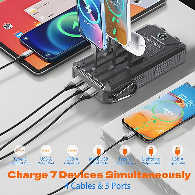 Solar Charger 20,000mAh, Portable Power Bank, 4 Cables Outdoor Waterproof External Backup Phone Charger with USB-C for Cell Phones, Solar Battery Pack with Dual Flashlight for Camping