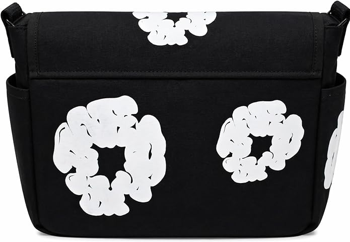 Floral Graphic Printed Messenger Bag Cotton Canvas Crossbody Shoulder Satchel, Black