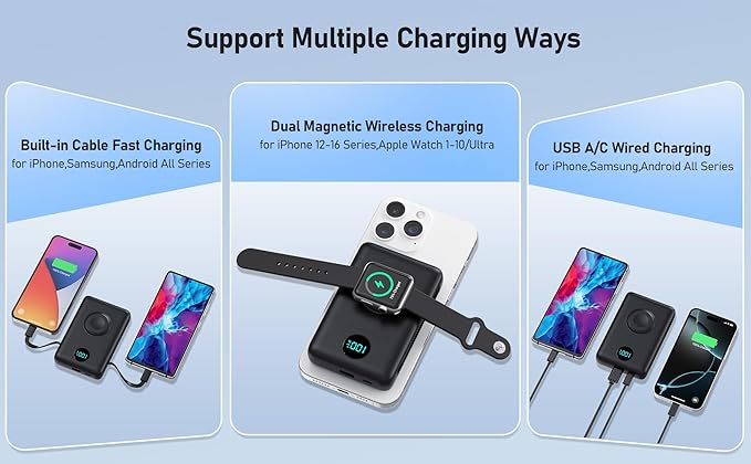 Magnetic Portable Charger for MagSafe with Built-in Cable, iWatch Charger,10800mAh Wireless Power Bank Travel Essentials,25W PD Fast Charging Battery Pack for iPhone 17/16/15/14/13 Series,Apple Watch