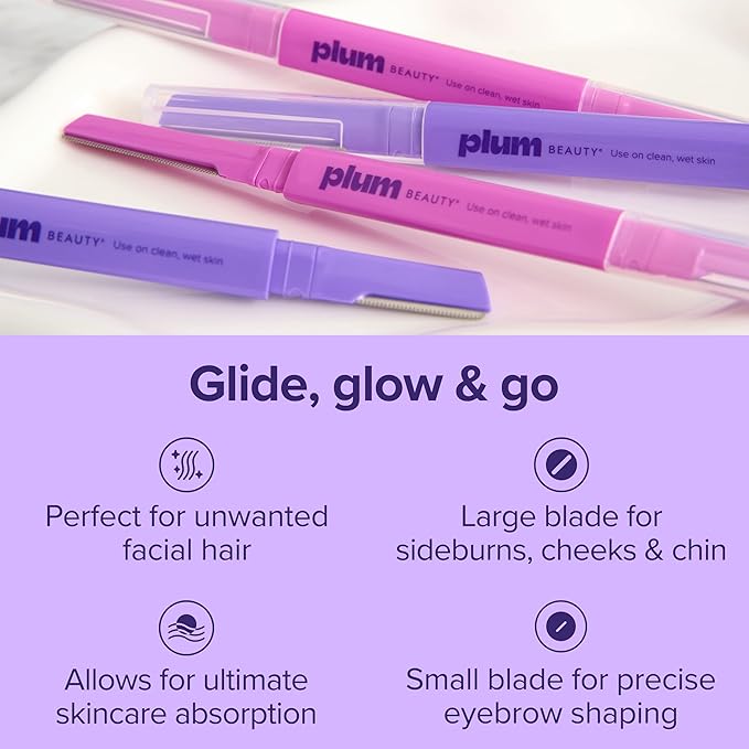 Plum Beauty Double-Sided Dermaplaning Razors (4-Pack) – Dual-Blade Facial Razors for Women - Precision & Large Blades for Brows, Upper Lip, & Cheeks - Peach Fuzz Remover & Exfoliating Face Tool