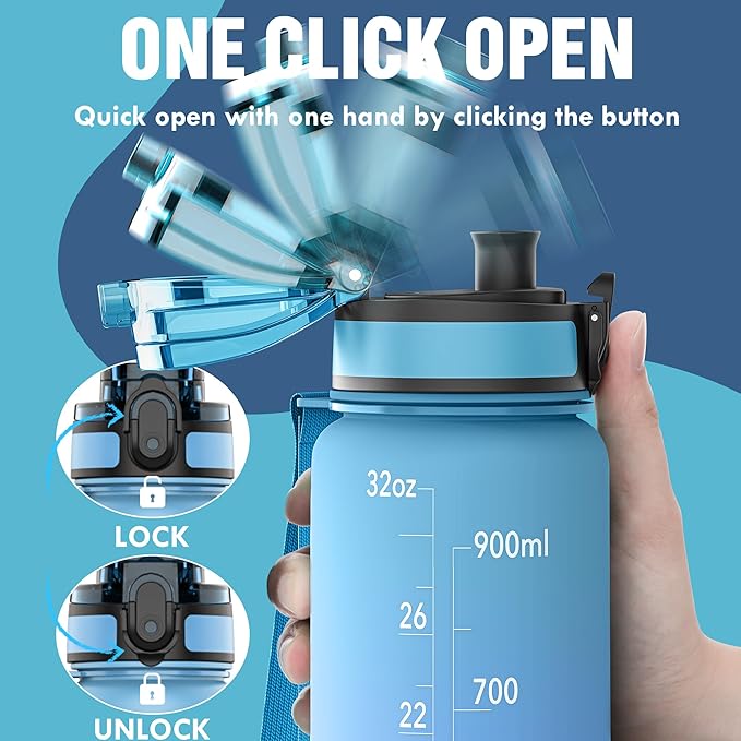 OLDLEY Water Bottle, 32oz Motivational Sports Water Bottle with Time Marker - Times to Drink - Tritan, BPA Free, Wide Mouth Leakproof, Anniversary Birthday Gifts for Men Women, Sky (1 Bottle)