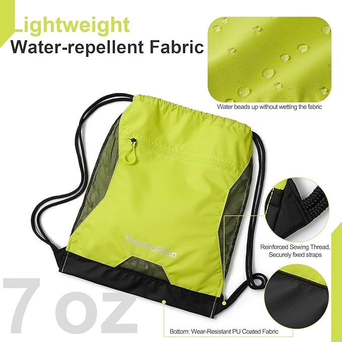 Waterproof Drawstring Backpack for Men/Women, Lightweight Sports Bag for Gym, Beach, Swim, Hiking, Running & Cycling, Anti-Stain with Quick-Access Mesh Pocket, Green 14.2"×2.8"×17.7"