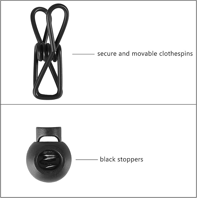 Portable Travel Clothesline, Adjustable Elastic Travel Camping Retractable Clothesline with 12pcs Clips for Outdoor and Indoor Use (Black)