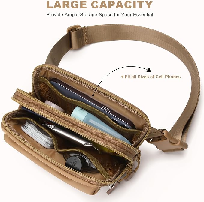 Fanny Packs for Women Men,Belt Bag,Water-resistant Crossbody Bag with 4 Zipper Pockets,Fashion Waist Packs with Adjustable Strap for Workout/Running/Yoga/Shopping/Hiking,Brown