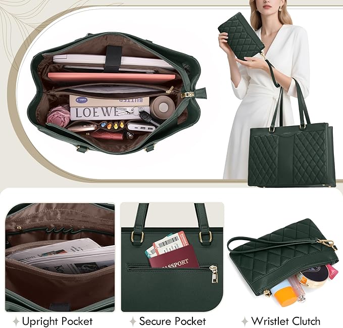 RAINSMORE Laptop Bag for Women 15.6 Inch Work Tote Bags Leather Laptop Tote Professional Laptop Purse Computer Handbag Womens Briefcase Tote with Clutch for Teacher Office Travel, Dark Green