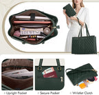RAINSMORE Laptop Bag for Women 15.6 Inch Work Tote Bags Leather Laptop Tote Professional Laptop Purse Computer Handbag Womens Briefcase Tote with Clutch for Teacher Office Travel, Dark Green