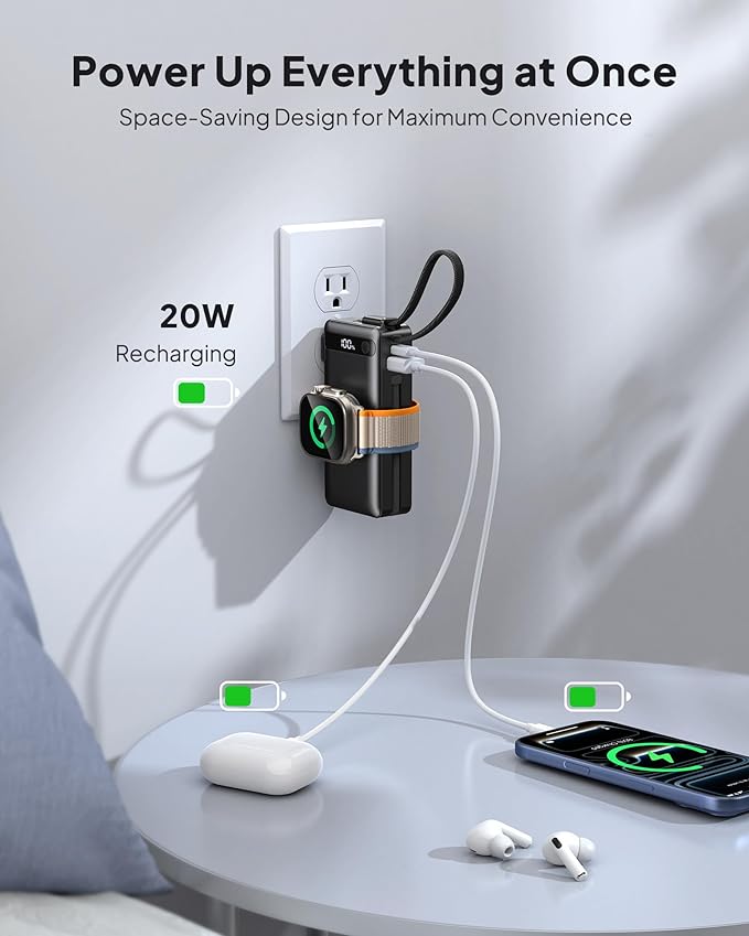 BREEKET Nano Power Bank, 10000mAh Portable Charger with Built-in Cables & Wall Plug, 5 Outputs 22.5W USB C Fast Charging Travel Battery Pack for iPhone 17/16/15/14, Apple Watch Ultra/11/10/9/8/7/6/SE