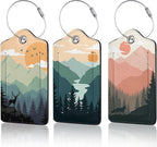 Sunset Landscape Luggage Tag for Suitcase,Mountain Tree Design with Privacy Flap Name ID Label Metal Loop, 3 Pack