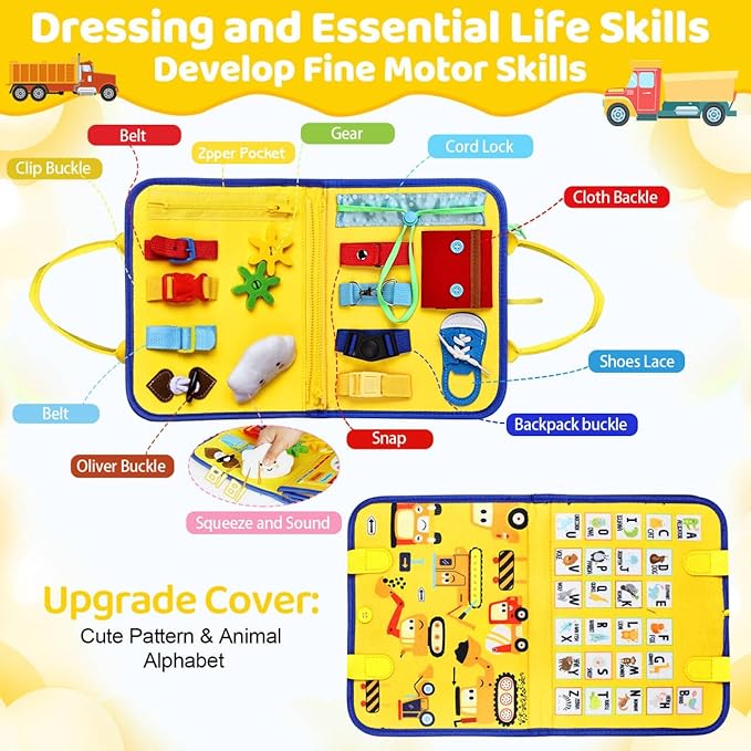 Esjay Toddler Busy Board Montessori Toys for Boys Girls, Sensory Book Educational Activities for Learning Fine Motor Skills, Birthday Gifts for Toddlers, Travel Toys for Airplane Car, Yellow Truck
