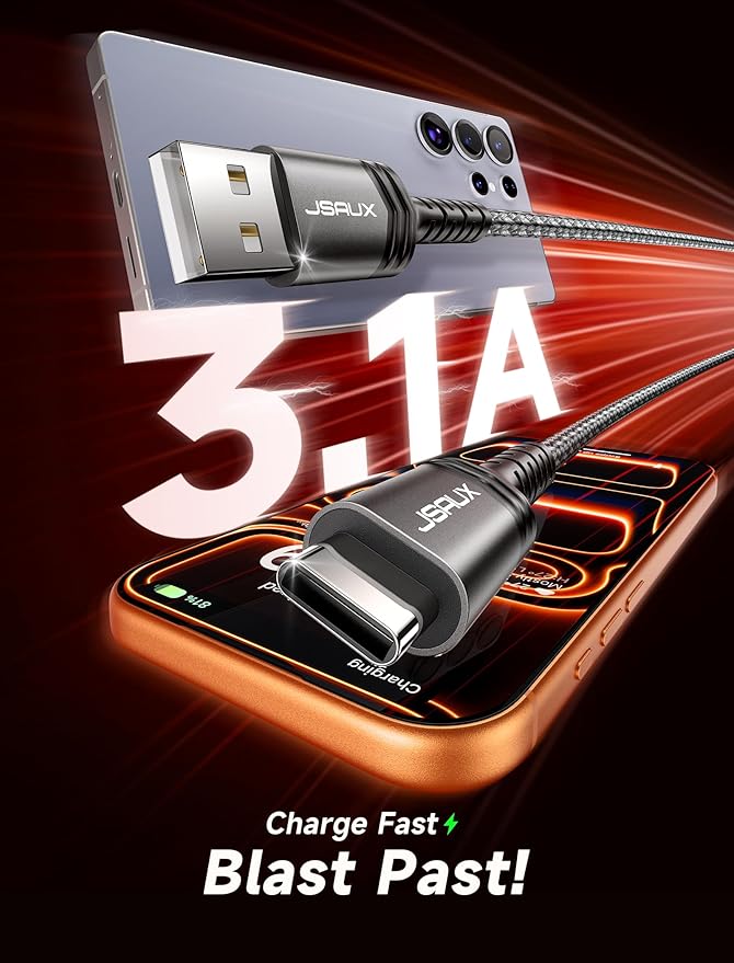 JSAUX USB C Cable [2-Pack 3.3ft], USB A to USB Cord Fast Charging for iPhone Air, iPhone 17, iPhone 17 Pro, iPhone 17 Pro Max, iPhone 16/iPhone 15 Series, Samsung S20 S10, Note 20 10, Car Play - Grey