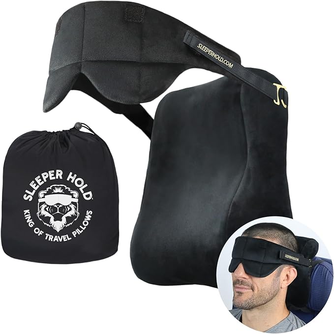 Sleeper Hold Travel Pillow - Real Sleeping Experience on Long Flights - Head Strap with Eye Mask - Super-Soft, Lightweight, Easy-to-Carry, and Machine-Washable Airplane Pillow
