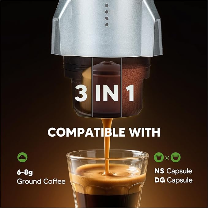 3 in 1 Portable Electric Espresso Machine On the Go with Detachable Coffee Stand, Car Coffee Maker Self-Heating with USB-C, For Travel Camping and Hiking With Ground Coffee & NES PRES*O/DG Pod