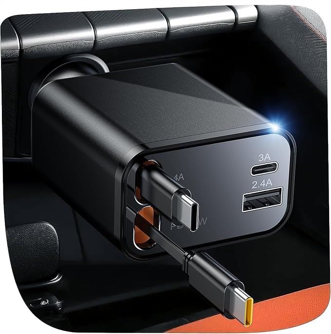 Retractable Car Charger, 4 in 1 Fast Charger USB C Car Truck Accessories, Travel Essentials Gifts for Women Men, Car Accessories for iPhone 17 Pro Max Air 16 15 14 13 Plus,Galaxy,Pixel-Black