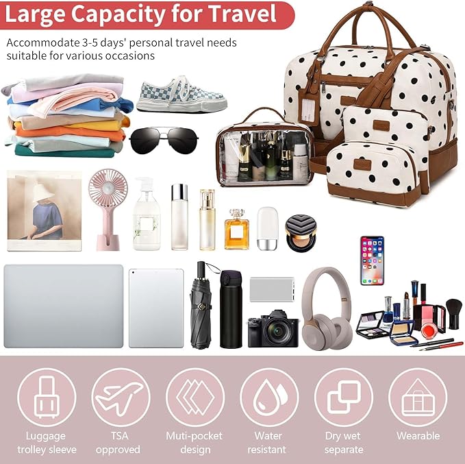 Wogarl 4PCS Weekender Bags for Women Large Overnight Weekend Travel Duffel Carry on Shoulder with Shoe Compartment Canvas Toiletry Bag for Travel Business Gym