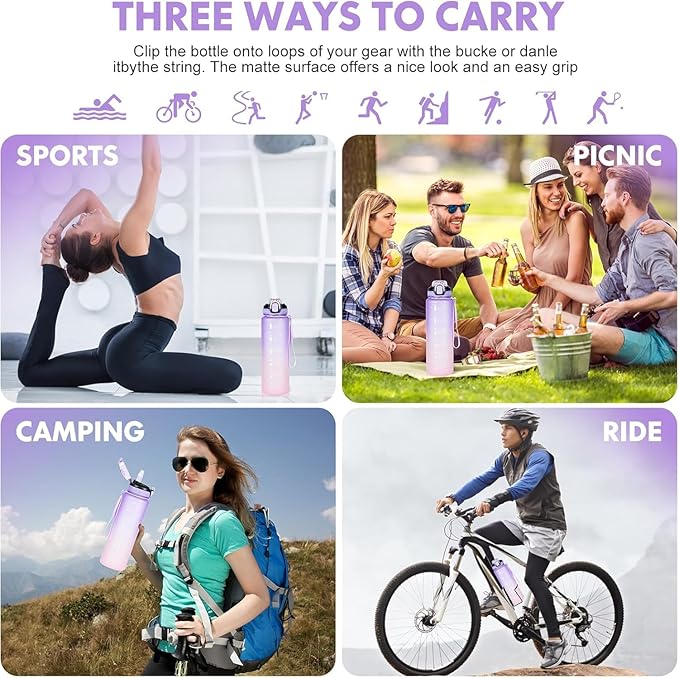 Water Bottle with Straw 1L,Boys Water Bottles with Straw 1 Litre,Waterbottle Leak-Proof Sports Water Bottle,Plastic Drinks Bottles Toxin Free，Bpa-Free (Purple)