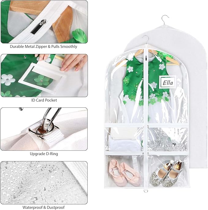 Syeeiex 3" Gusseted Dance Costume Garment Bag(5 Pack), 40'' Dance Garment Bags for Dancers with 4 Zipper Pockets & Can Hold 1-3 Dance Costumes - Suitable for Dance Competitions, Ballet(White)