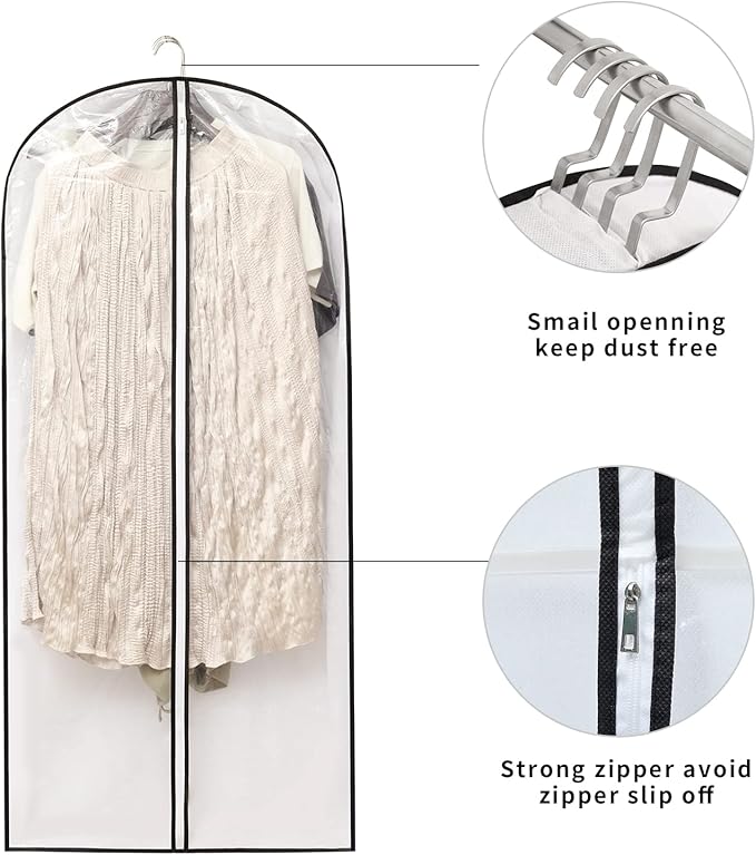 MsKitchen Hanging Clothes Storage with 4" Gusseted Garment Covers (Set of 6) - Clear Suit, Gown, Long Coat, Dress Protectors for Closet - 24"x 50"x 4" / 6 Pack