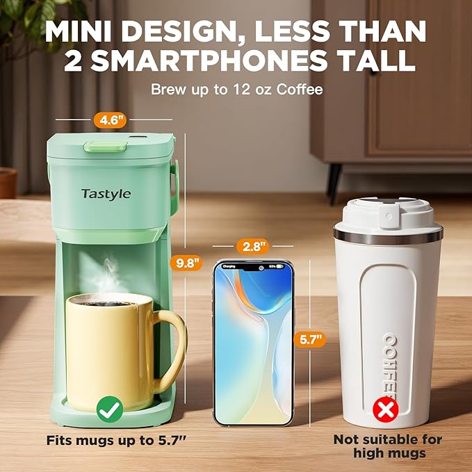 Tastyle Single Serve One Cup Coffee Maker, for K Cups and Grounds, Mini Coffee Maker with Portable Handle, 6 to 12 Oz Brew Size, for Travel, Camping, Office, RV and Dorm, 120V, Oasis