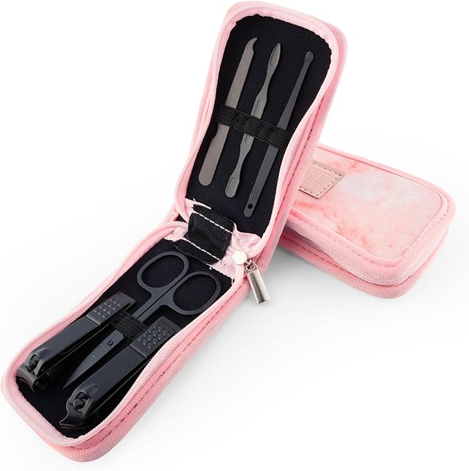 Made Easy Kit Nail Clipper Set – 7-Piece Portable Manicure & Grooming Kit with Stainless Steel Tools in Neoprene Case – Stay Organized, Purse-Friendly, Travel Essential for Women & Men (Pink Marble)