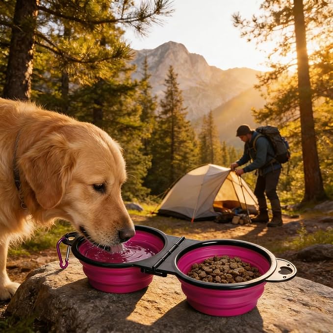 Collapsible Dog Bowls with Carabiner, Double Portable Travel Pet Bowls for Food and Water, Foldable Silicone Dog Bowl for Walking, Hiking, Camping, Small Medium Dogs and Cats，Pink