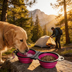 Collapsible Dog Bowls with Carabiner, Double Portable Travel Pet Bowls for Food and Water, Foldable Silicone Dog Bowl for Walking, Hiking, Camping, Small Medium Dogs and Cats，Pink