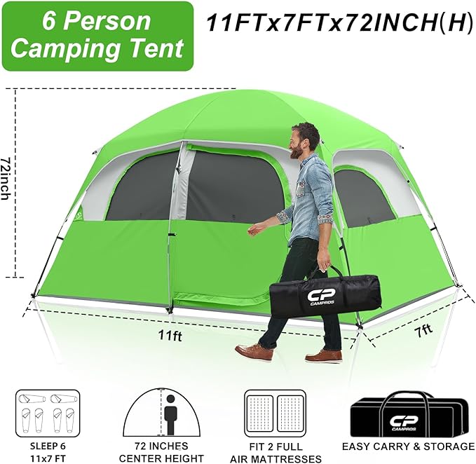 CAMPROS CP Upgraded 6/8 Person Camping Tents, Waterproof Windproof Family Tent with Larger Mesh Windows & Door, Double Layer, Easy Set Up, All-Season Dome Tent with Top Rainfly & Carry Bag
