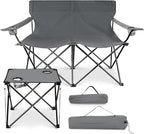 Leonyo Double Camping Chair, Loveseat Camping Chair with Folding Table, 2 Person Outdoor Folding Beach Chairs for Adults, Cup Holders & Carry Bag for Outside Travel, Supports 500lbs, Grey